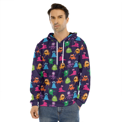 Cute Monster Pattern Print Men's Velvet Pullover Hoodie