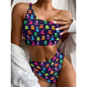 Cute Monster Pattern Print One Shoulder Bikini Top