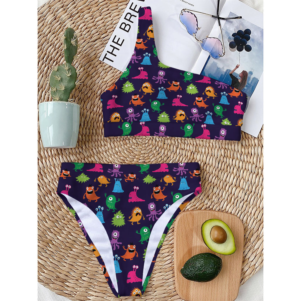 Cute Monster Pattern Print One Shoulder Bikini Top