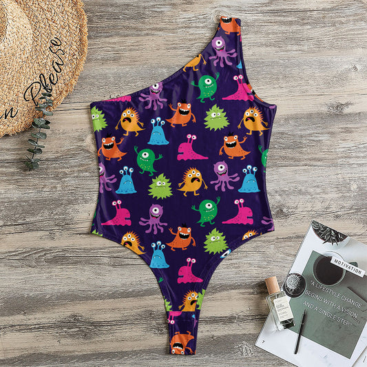 Cute Monster Pattern Print One Shoulder Bodysuit