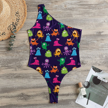 Cute Monster Pattern Print One Shoulder Bodysuit