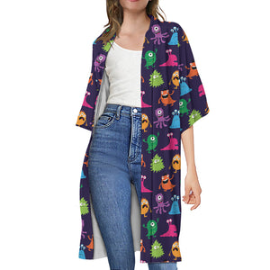 Cute Monster Pattern Print Open Front Beach Cover Up