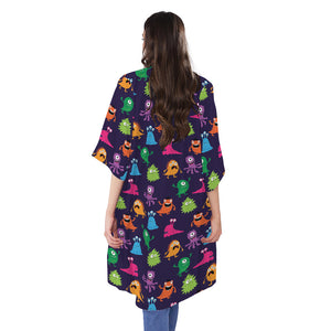 Cute Monster Pattern Print Open Front Beach Cover Up