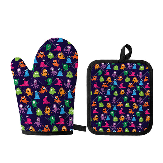 Cute Monster Pattern Print Oven Mitt And Pot Holder Set
