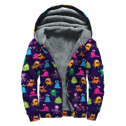 Cute Monster Pattern Print Sherpa Lined Zip Up Hoodie