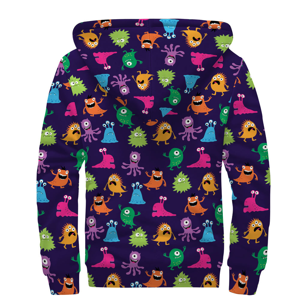 Cute Monster Pattern Print Sherpa Lined Zip Up Hoodie