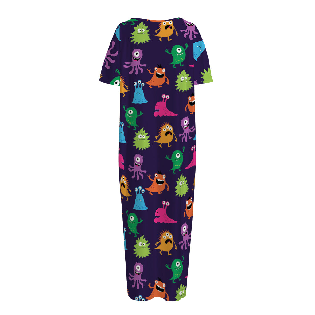 Cute Monster Pattern Print Short Sleeve Long Nightdress