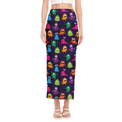 Cute Monster Pattern Print Side Slit Maxi Skirt