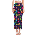 Cute Monster Pattern Print Side Slit Maxi Skirt