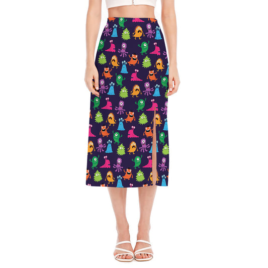 Cute Monster Pattern Print Side Slit Midi Skirt
