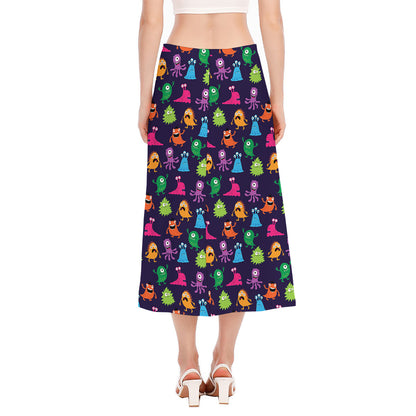 Cute Monster Pattern Print Side Slit Midi Skirt