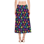 Cute Monster Pattern Print Side Slit Midi Skirt