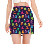 Cute Monster Pattern Print Side Slit Mini Skirt