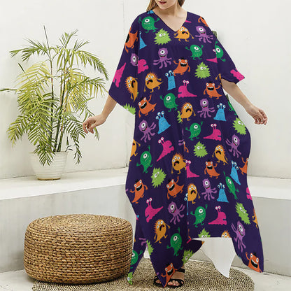 Cute Monster Pattern Print Silk V-Neck Kaftan Dress