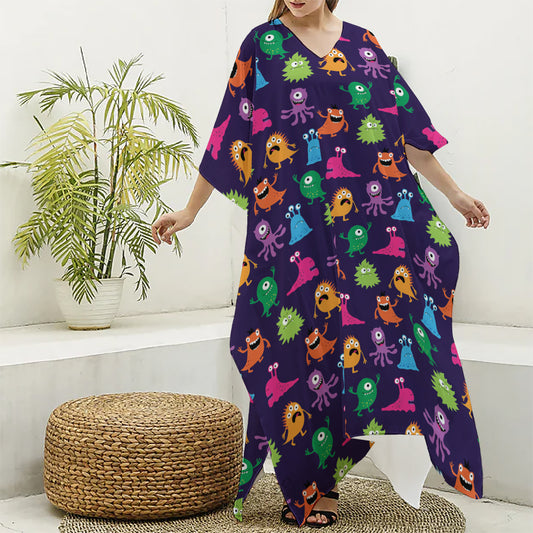 Cute Monster Pattern Print Silk V-Neck Kaftan Dress