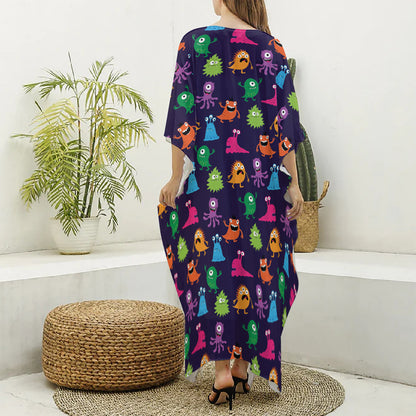 Cute Monster Pattern Print Silk V-Neck Kaftan Dress