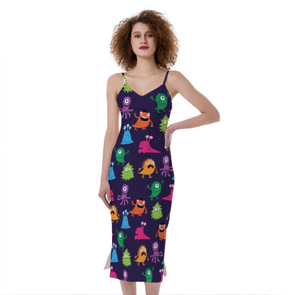 Cute Monster Pattern Print Slim Fit Midi Cami Dress