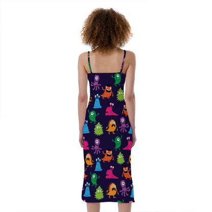 Cute Monster Pattern Print Slim Fit Midi Cami Dress