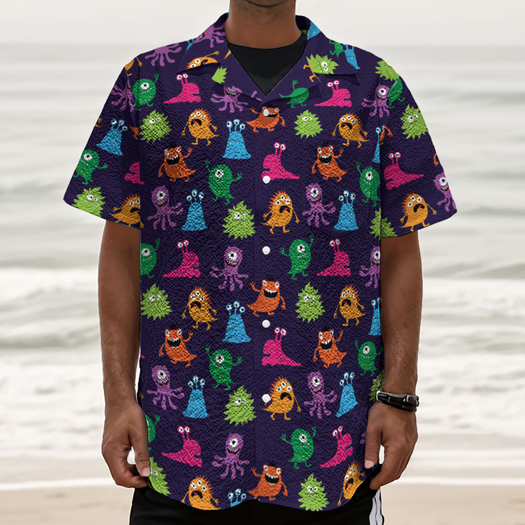 Cute Monster Pattern Print Textured Short Sleeve Shirt