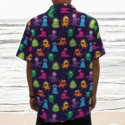 Cute Monster Pattern Print Textured Short Sleeve Shirt