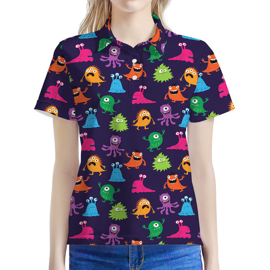 Cute Monster Pattern Print Women's Polo Shirt