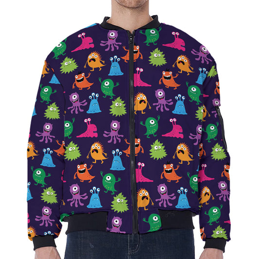 Cute Monster Pattern Print Zip Sleeve Bomber Jacket