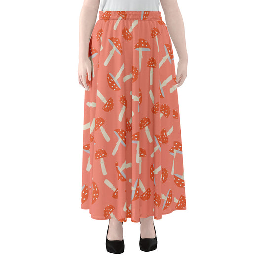 Cute Mushroom Pattern Print Chiffon Maxi Skirt