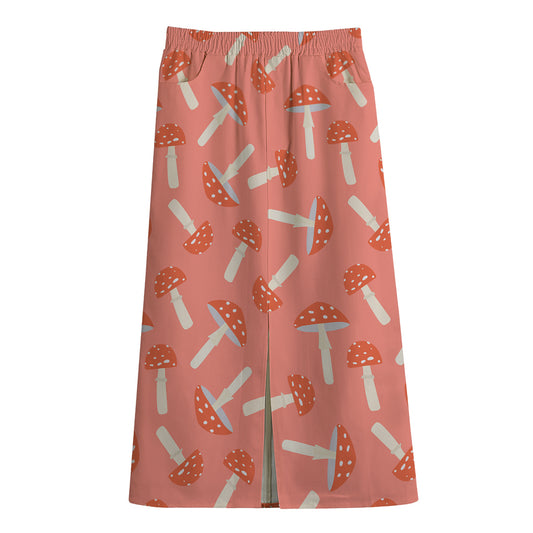 Cute Mushroom Pattern Print Cotton Front Slit Maxi Skirt