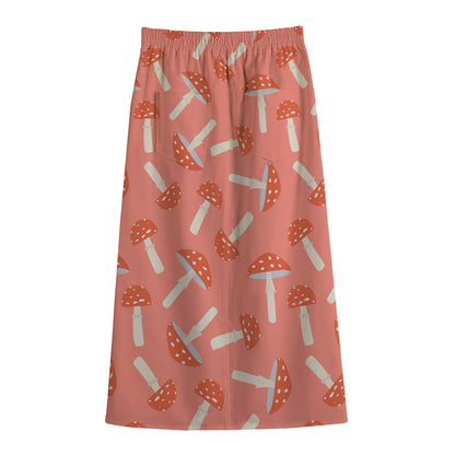 Cute Mushroom Pattern Print Cotton Front Slit Maxi Skirt