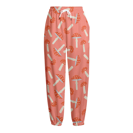 Cute Mushroom Pattern Print Fleece Lined Knit Pants