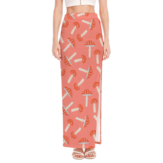 Cute Mushroom Pattern Print High Slit Maxi Skirt