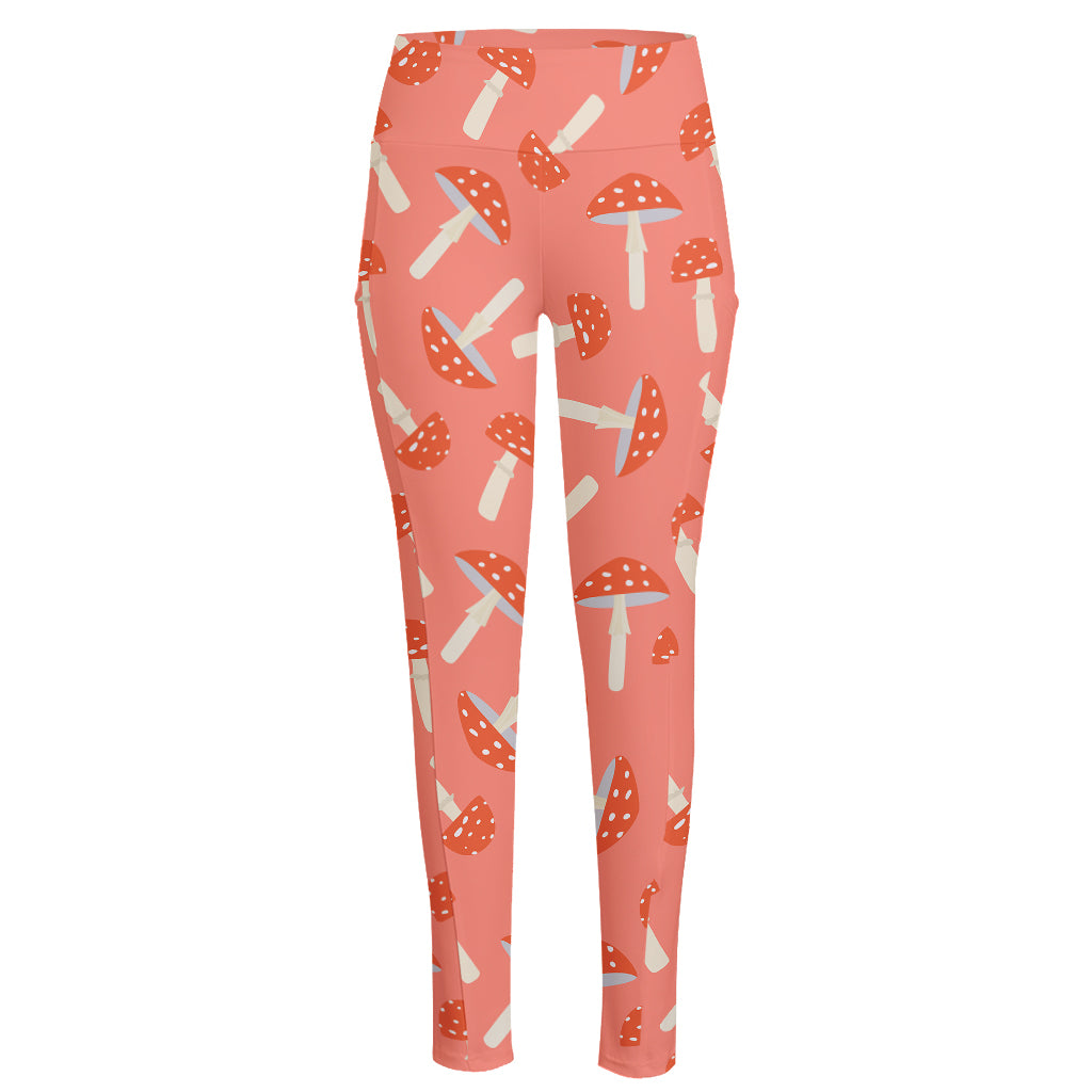 Cute Mushroom Pattern Print High-Waisted Pocket Leggings