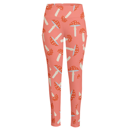 Cute Mushroom Pattern Print High-Waisted Pocket Leggings