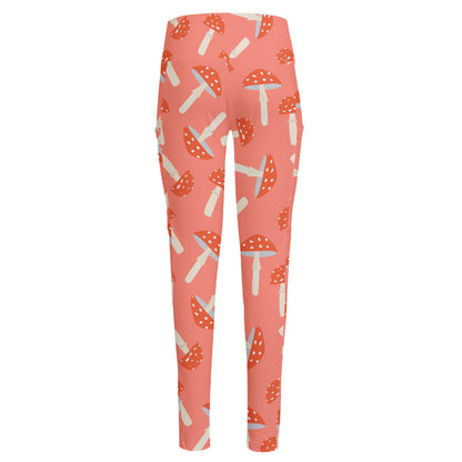 Cute Mushroom Pattern Print High-Waisted Pocket Leggings
