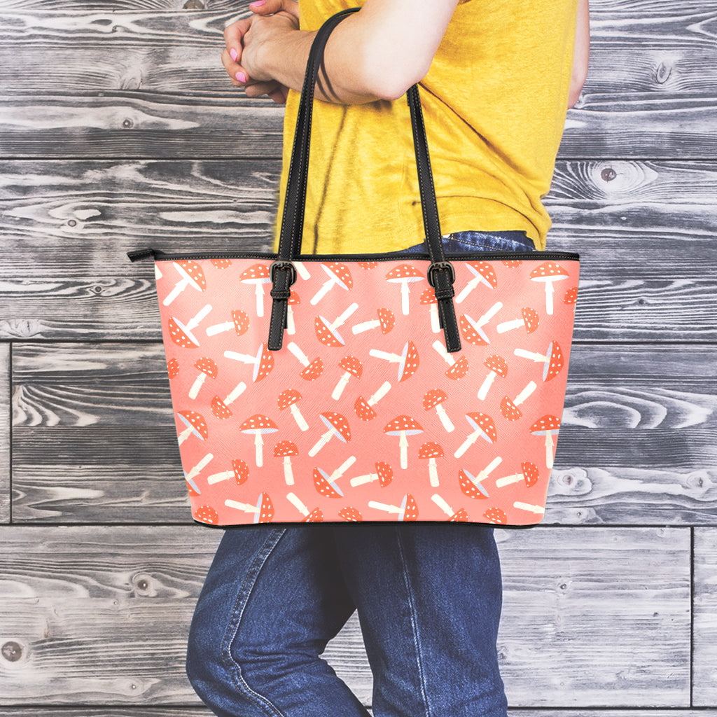 Cute Mushroom Pattern Print Leather Tote Bag