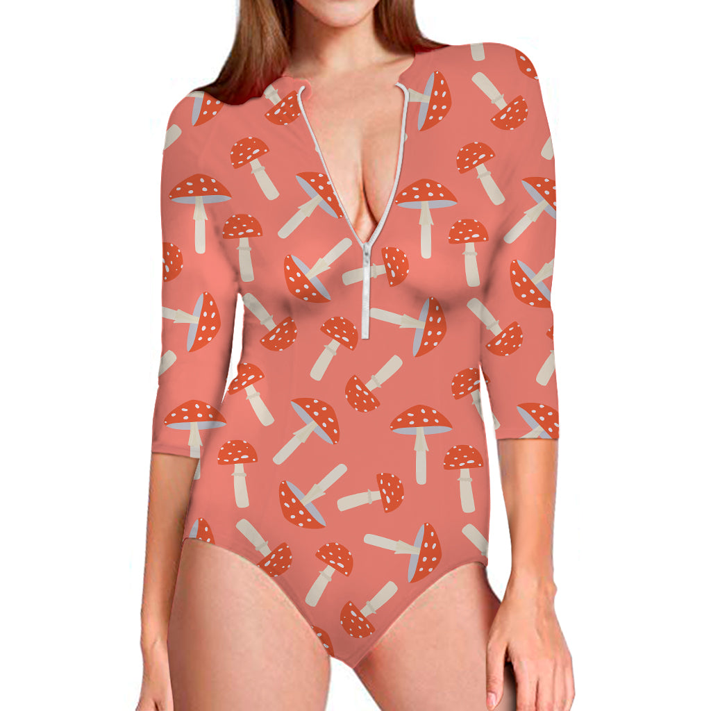 Cute Mushroom Pattern Print Long Sleeve Swimsuit
