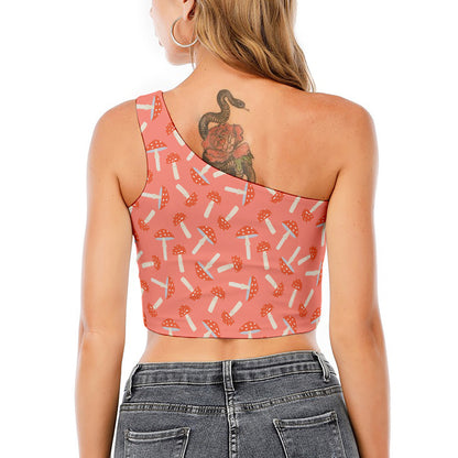 Cute Mushroom Pattern Print One Shoulder Crop Top