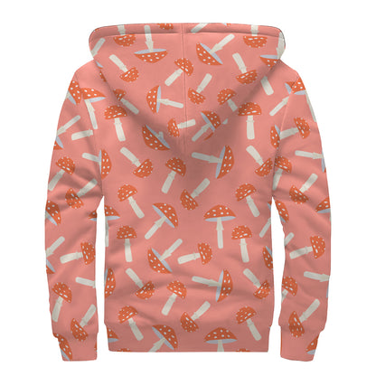 Cute Mushroom Pattern Print Sherpa Lined Zip Up Hoodie