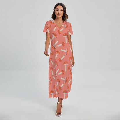 Cute Mushroom Pattern Print Short Sleeve Maxi Dress