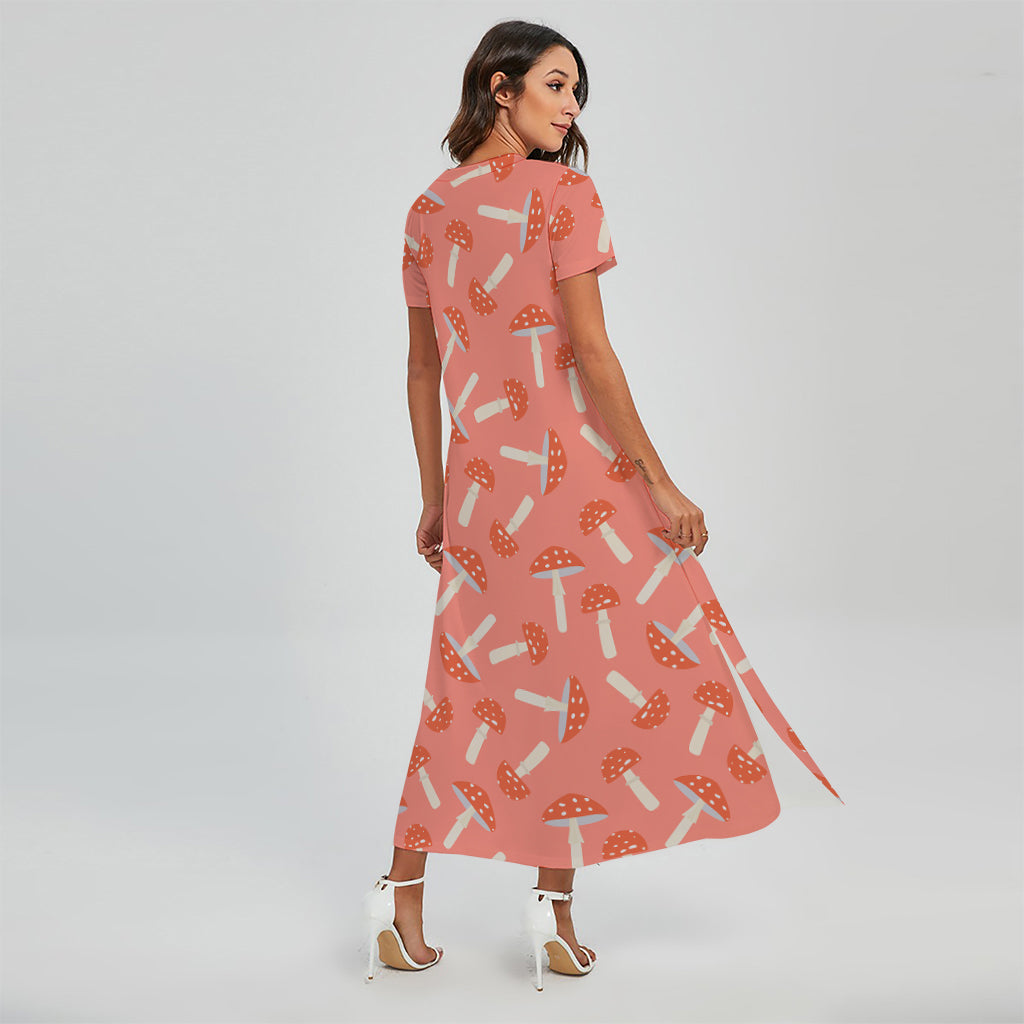 Cute Mushroom Pattern Print Short Sleeve Maxi Dress
