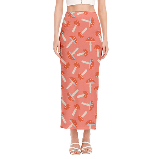 Cute Mushroom Pattern Print Side Slit Maxi Skirt