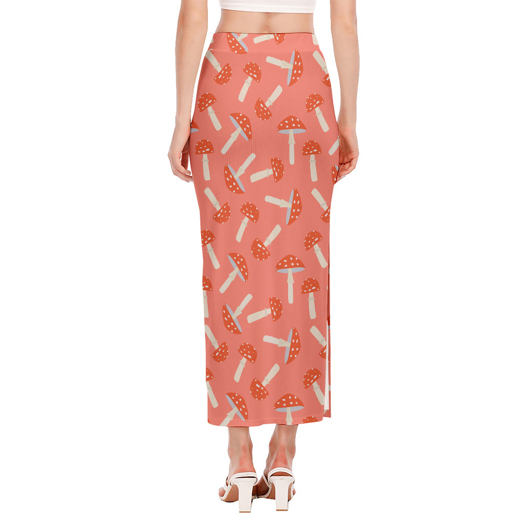 Cute Mushroom Pattern Print Side Slit Maxi Skirt