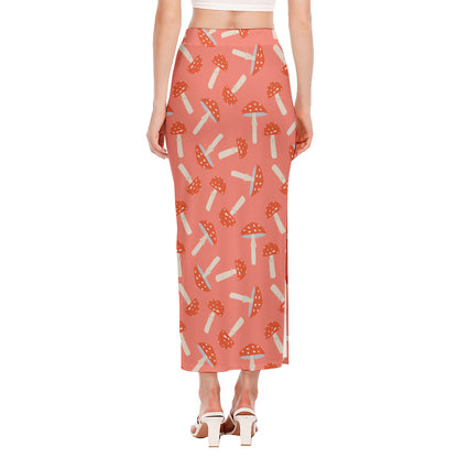Cute Mushroom Pattern Print Side Slit Maxi Skirt