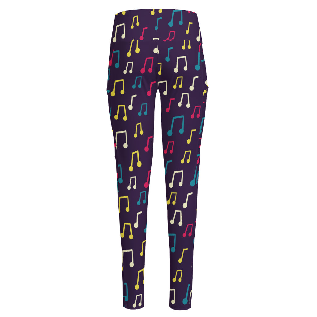 Cute Music Notes Pattern Print High-Waisted Pocket Leggings