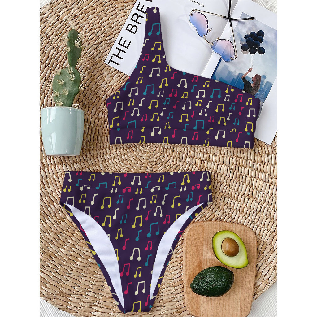 Cute Music Notes Pattern Print One Shoulder Bikini Top
