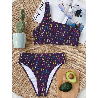 Cute Music Notes Pattern Print One Shoulder Bikini Top