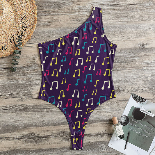 Cute Music Notes Pattern Print One Shoulder Bodysuit