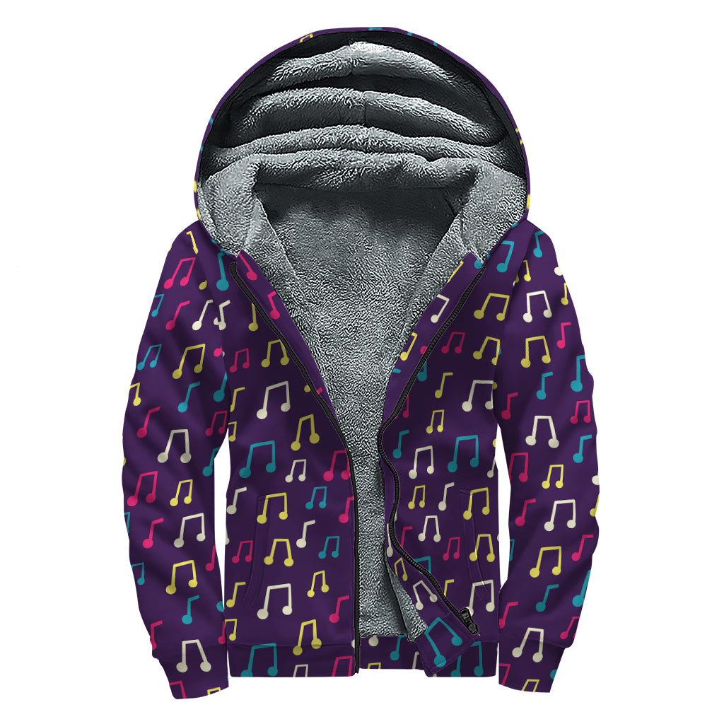 Cute Music Notes Pattern Print Sherpa Lined Zip Up Hoodie