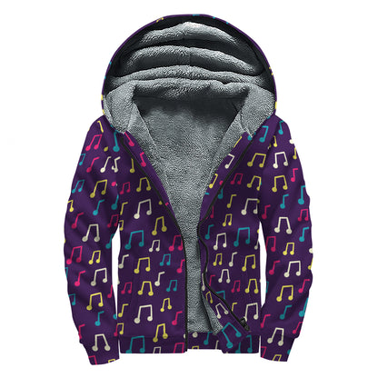 Cute Music Notes Pattern Print Sherpa Lined Zip Up Hoodie