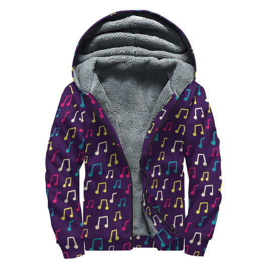 Cute Music Notes Pattern Print Sherpa Lined Zip Up Hoodie